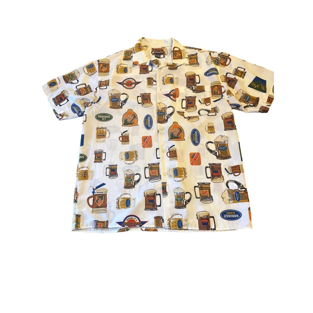 Vintage Ferruche Mens Beer Mug Print‎ Shirt Large Short Sleeve Button-Up